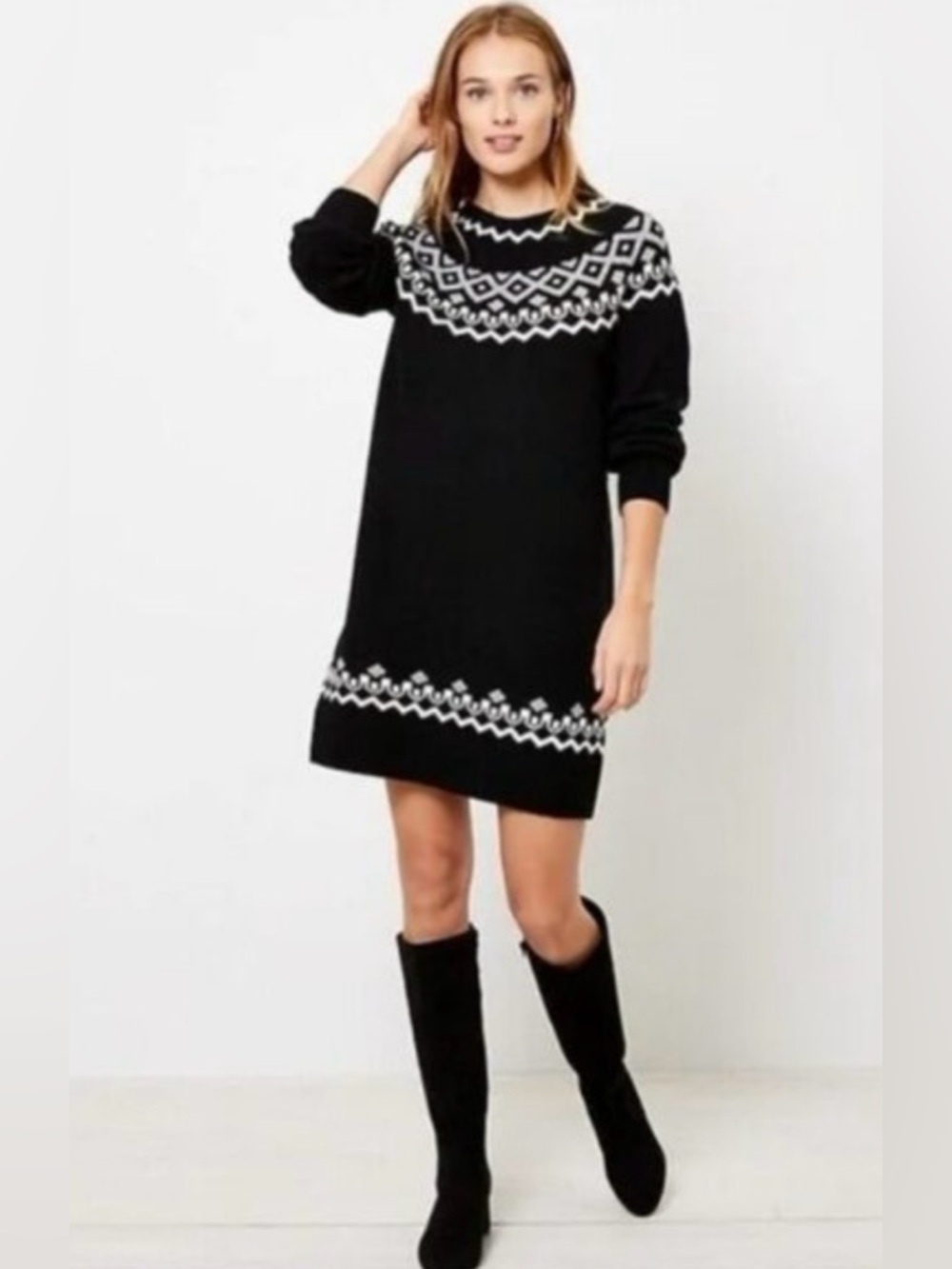 Ann Taylor Loft Fair Isle Sweater Dress Women’s M Black And Ivory